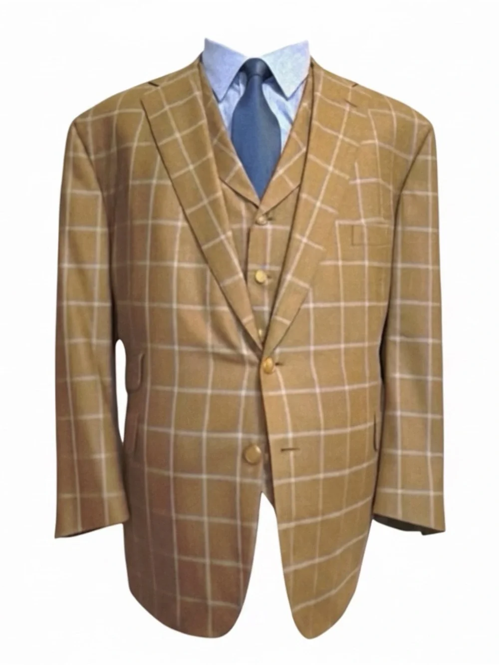 Tom James Custom 3-Piece Suit | Windowpane | Gold Buttons | Classic Tailored